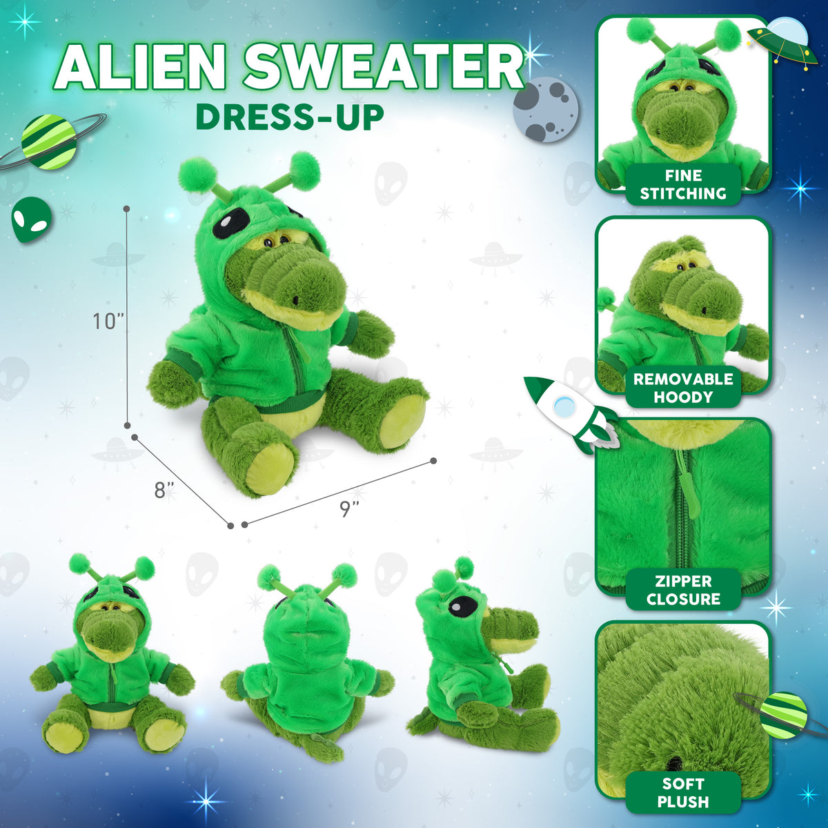 SUPER-SOFT PLUSH - SITTING GREEN ALLIGATOR WITH ALIEN SWEATER