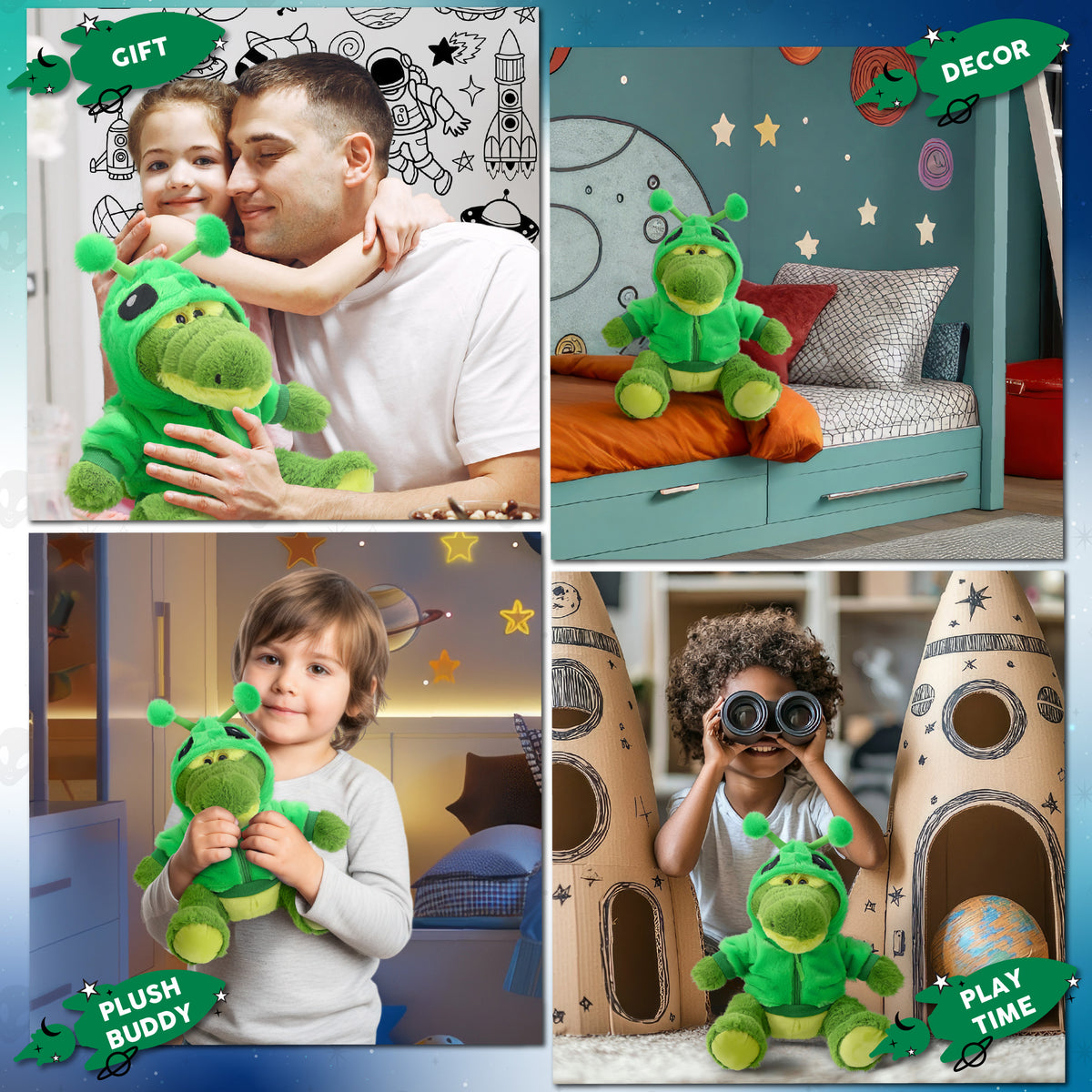 SUPER-SOFT PLUSH - SITTING GREEN ALLIGATOR WITH ALIEN SWEATER