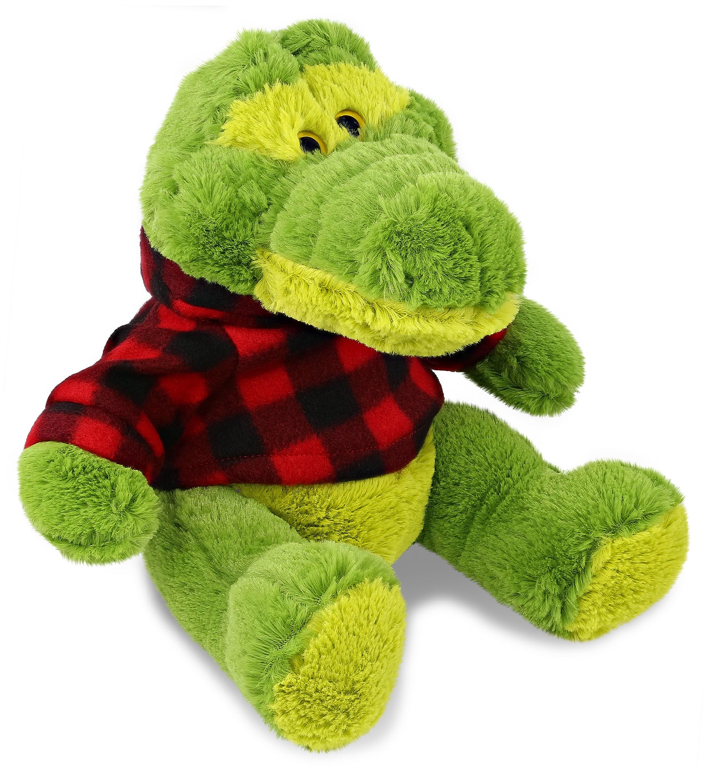 PLUSH RED PLAID HOODIE - SUPER-SOFT PLUSH - SITTING GREEN ALLIGATOR