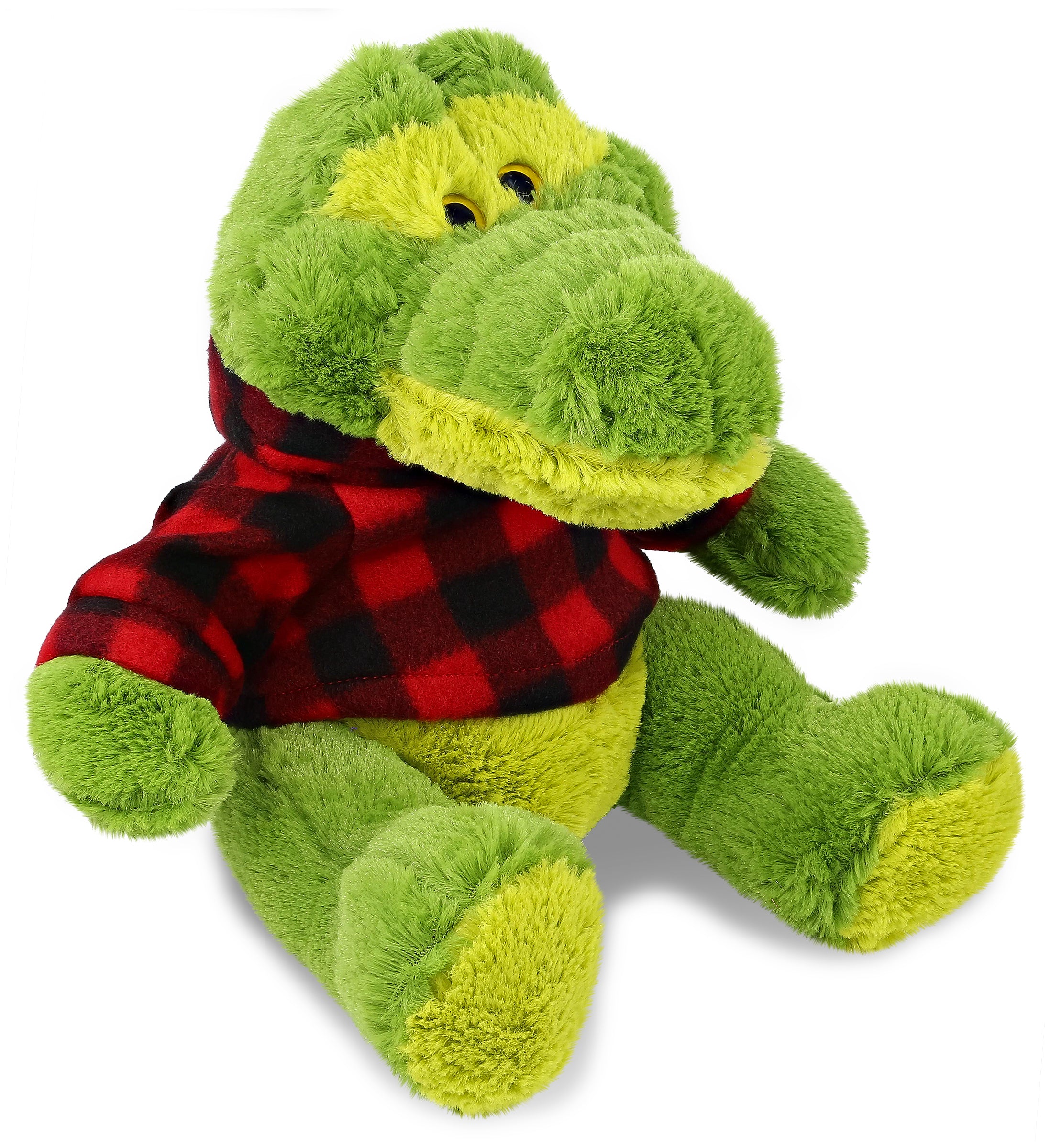 PLUSH RED PLAID HOODIE - SUPER-SOFT PLUSH - SITTING GREEN ALLIGATOR
