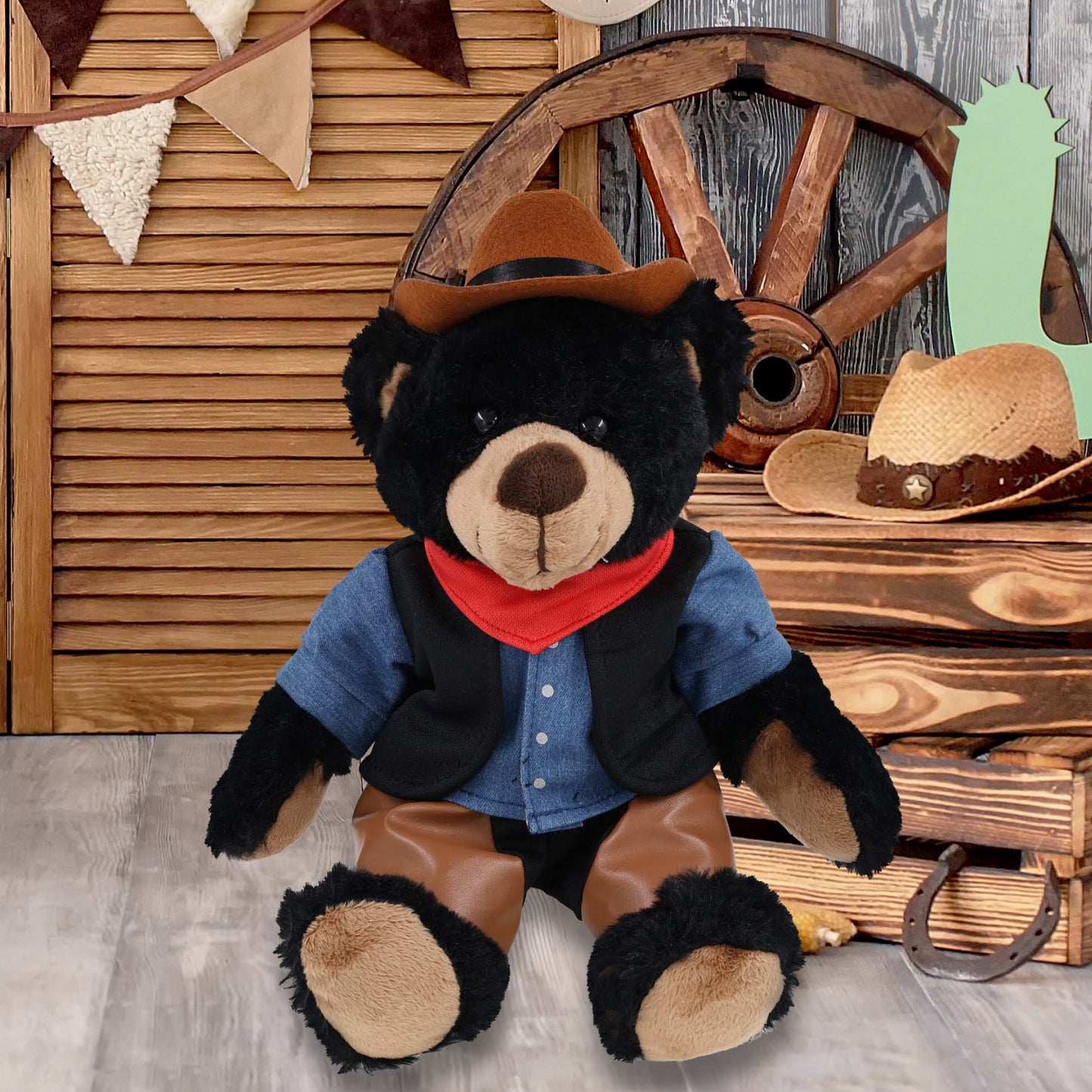 SUPER SOFT PLUSH WITH RED PLAID HOODIE - BLACK BEAR COWBOY DRESS UP