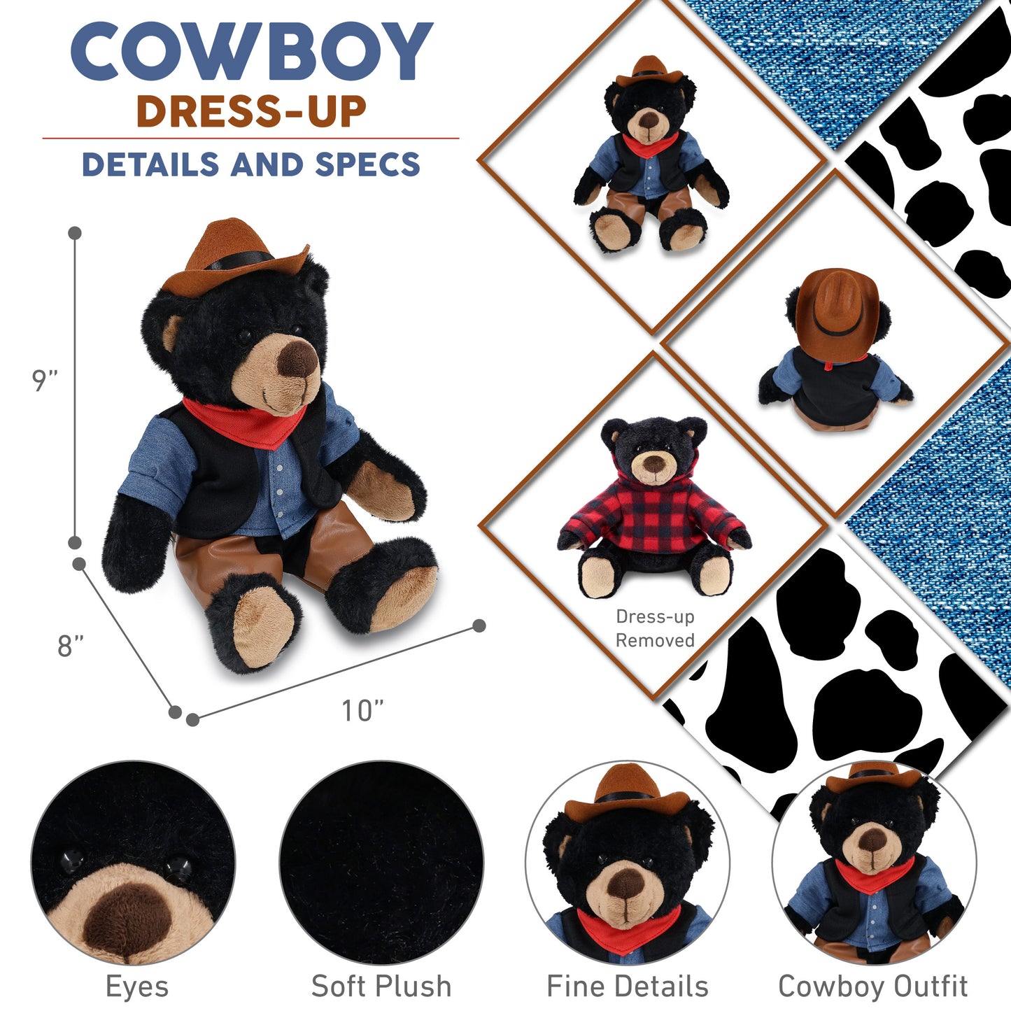 SUPER SOFT PLUSH WITH RED PLAID HOODIE - BLACK BEAR COWBOY DRESS UP