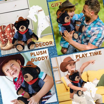 SUPER SOFT PLUSH WITH RED PLAID HOODIE - BLACK BEAR COWBOY DRESS UP