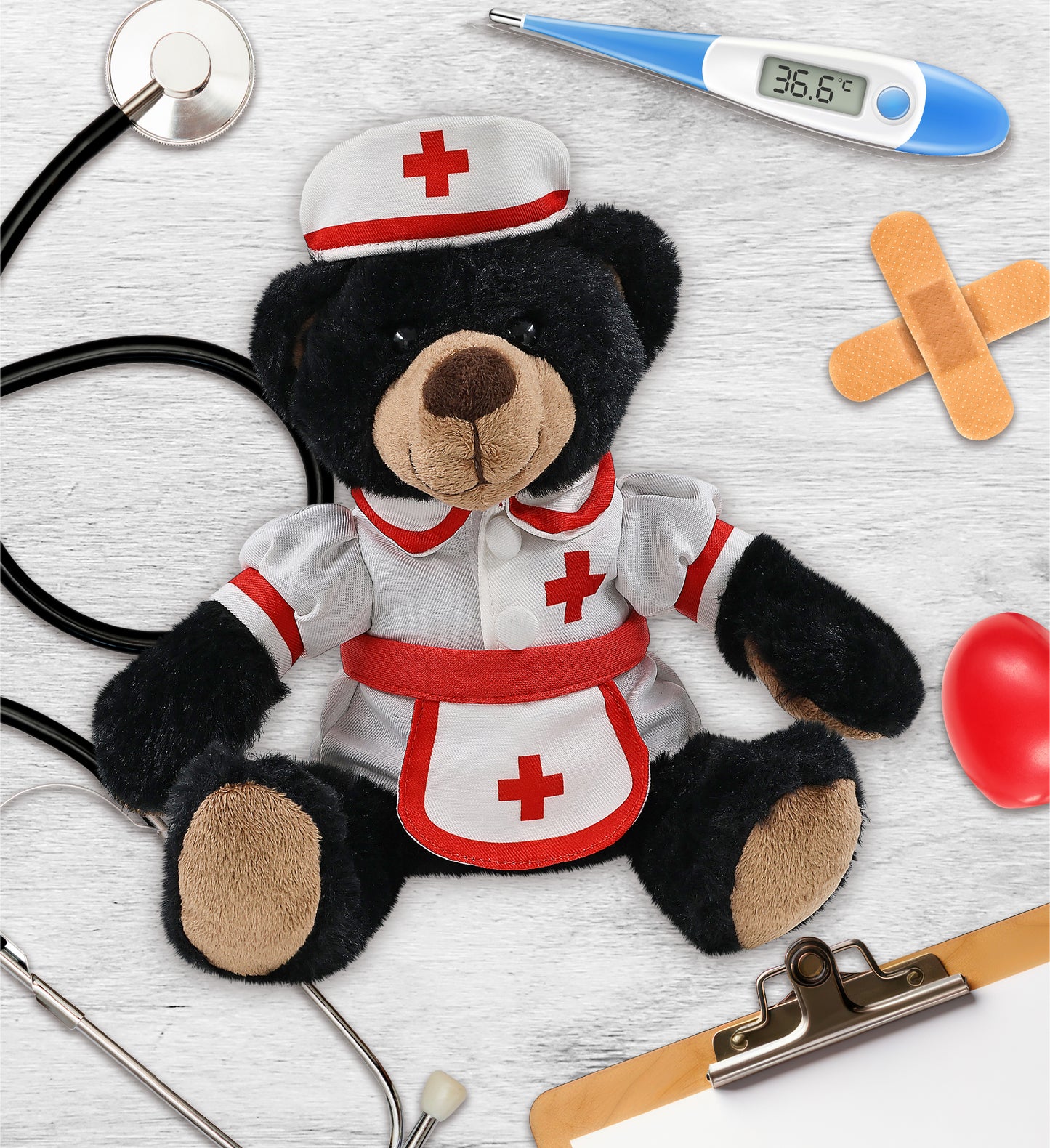 SUPER SOFT PLUSH WITH RED PLAID HOODIE - BLACK BEAR With NURSE Dress-Up