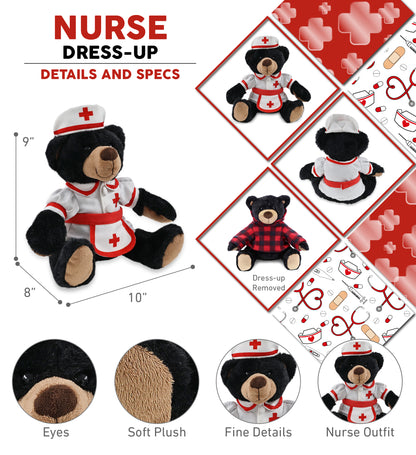 SUPER SOFT PLUSH WITH RED PLAID HOODIE - BLACK BEAR With NURSE Dress-Up