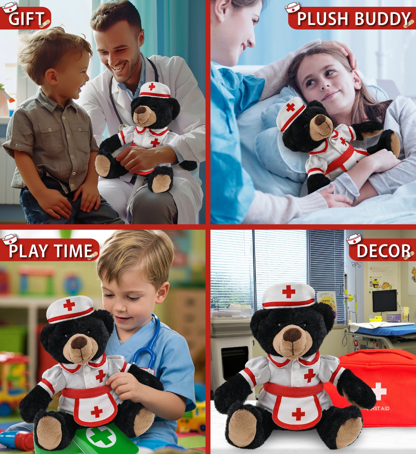 SUPER SOFT PLUSH WITH RED PLAID HOODIE - BLACK BEAR With NURSE Dress-Up