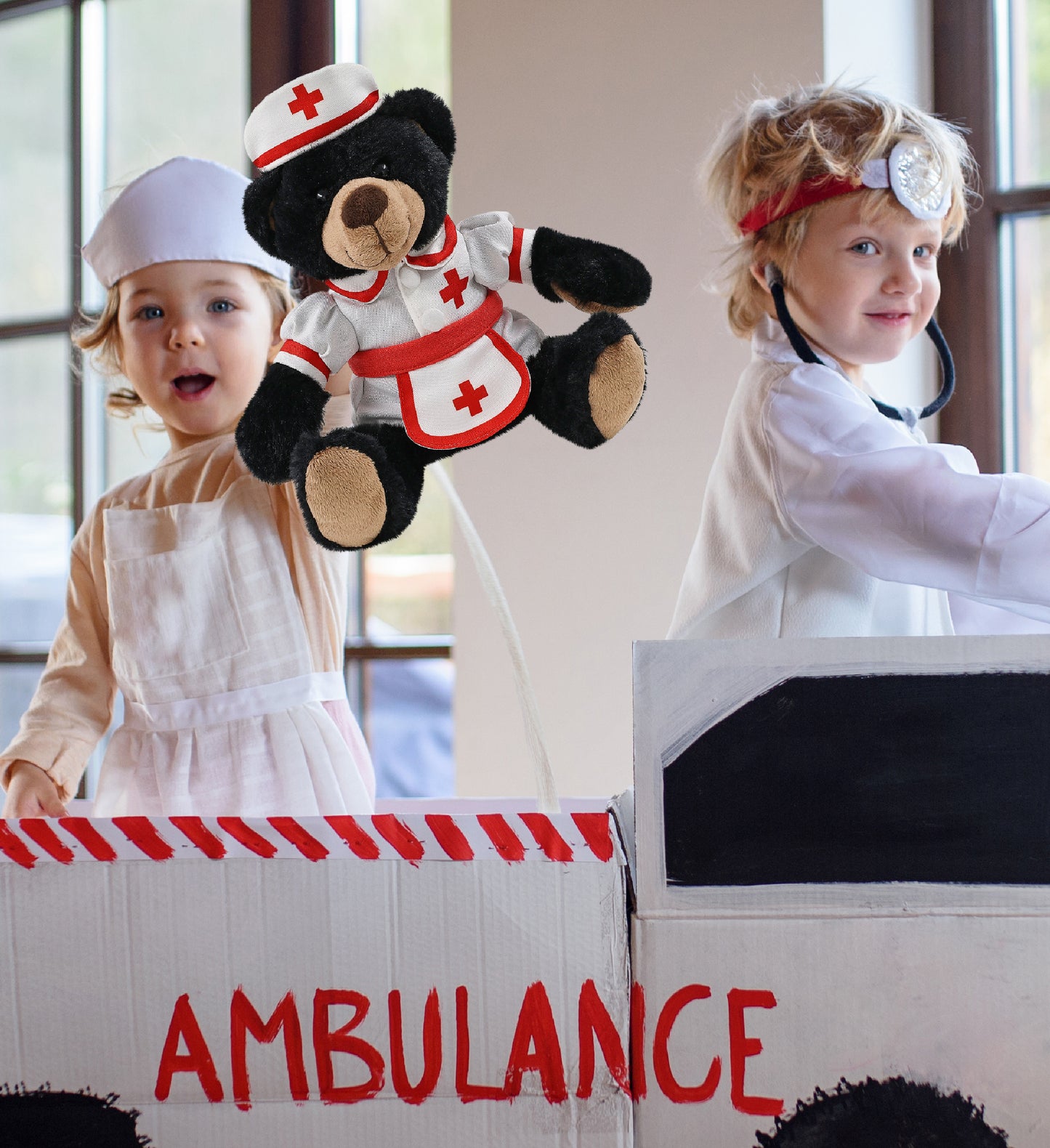 SUPER SOFT PLUSH WITH RED PLAID HOODIE - BLACK BEAR With NURSE Dress-Up