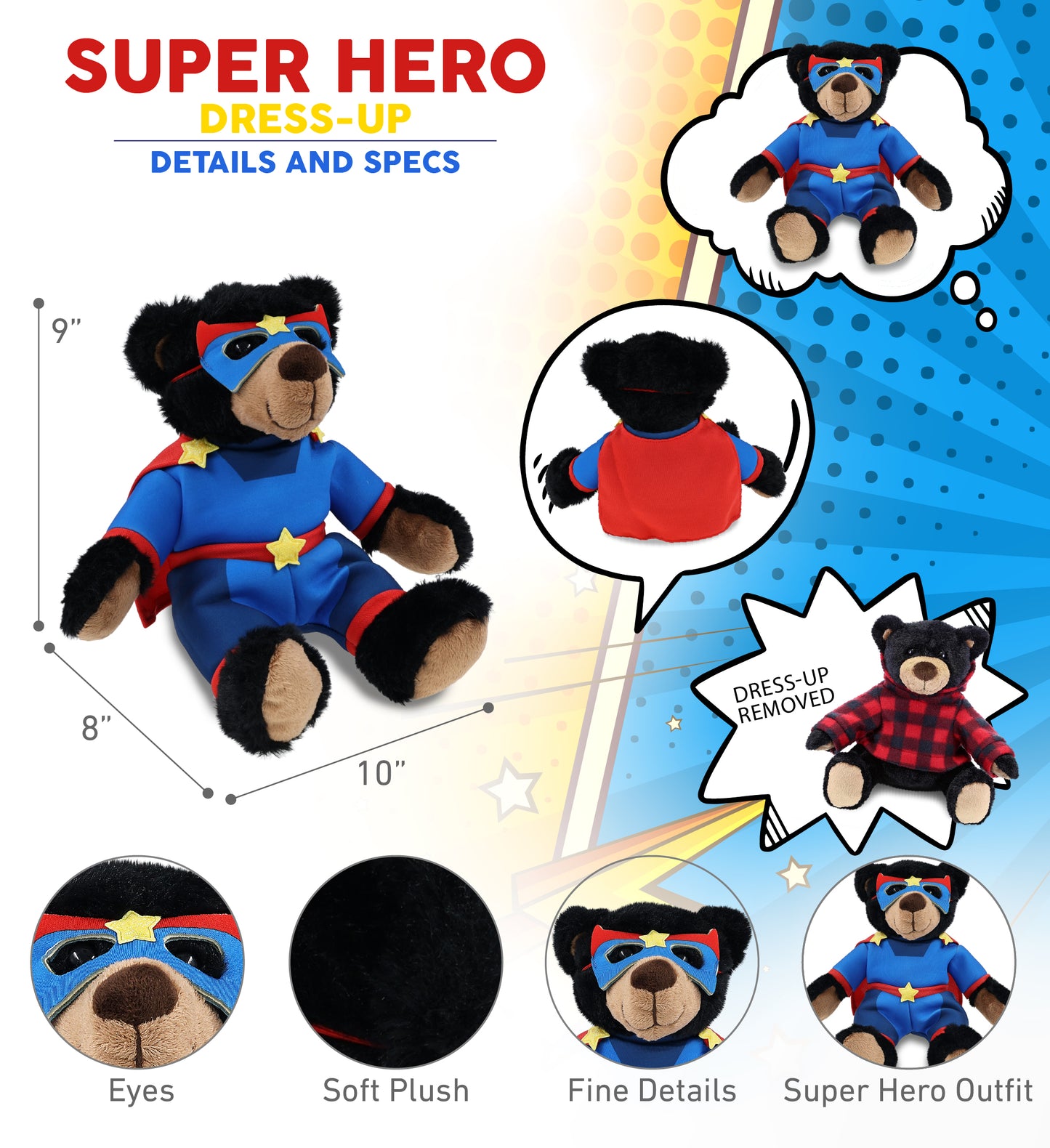 SUPER SOFT PLUSH WITH RED PLAID HOODIE - BLACK BEAR SUPER HERO