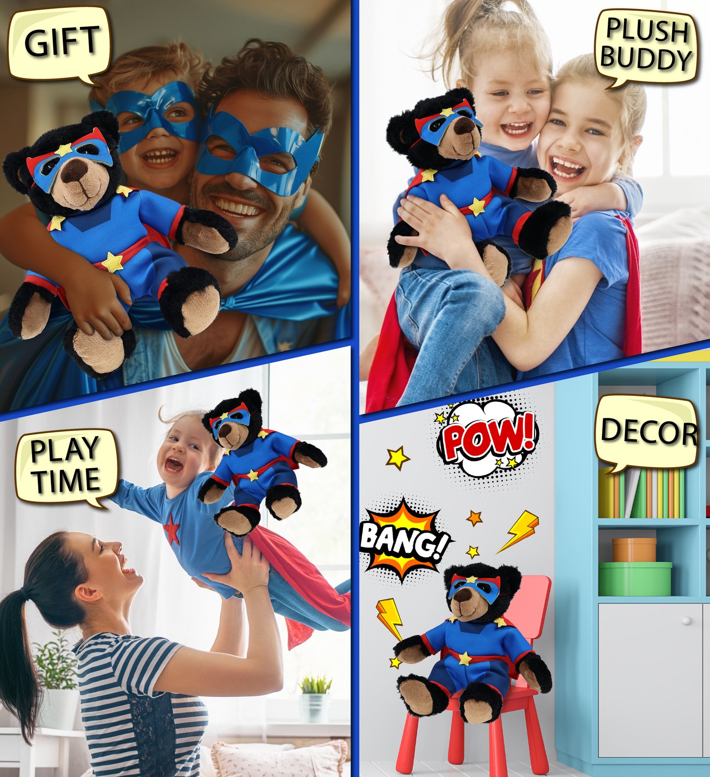 SUPER SOFT PLUSH WITH RED PLAID HOODIE - BLACK BEAR SUPER HERO