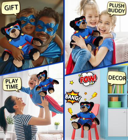 SUPER SOFT PLUSH WITH RED PLAID HOODIE - BLACK BEAR SUPER HERO