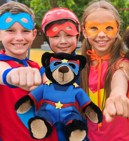 SUPER SOFT PLUSH WITH RED PLAID HOODIE - BLACK BEAR SUPER HERO