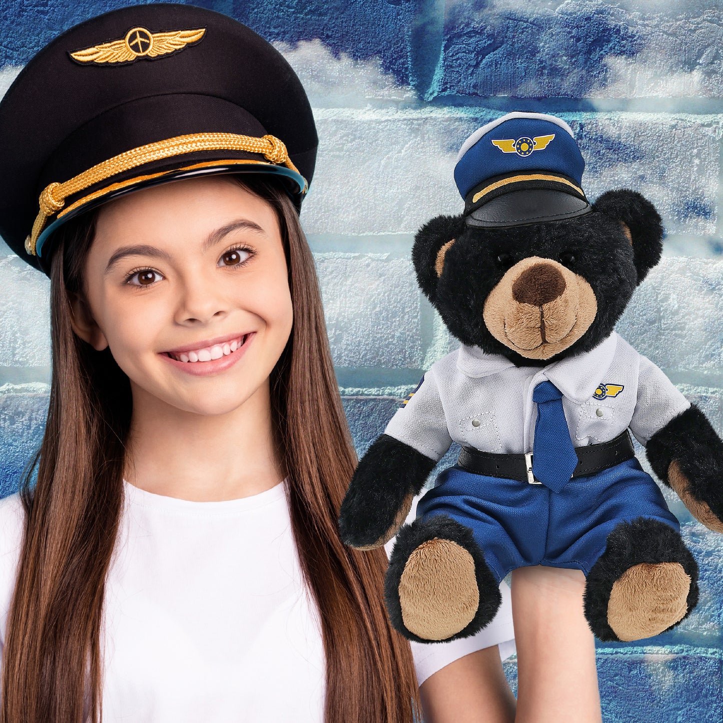 SUPER SOFT PLUSH WITH RED PLAID HOODIE - BLACK BEAR WITH PILOT DRESS UP