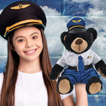 SUPER SOFT PLUSH WITH RED PLAID HOODIE - BLACK BEAR WITH PILOT DRESS UP