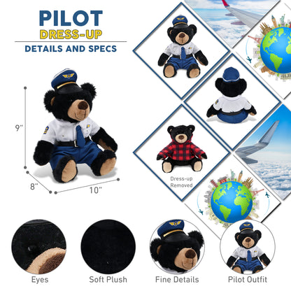 SUPER SOFT PLUSH WITH RED PLAID HOODIE - BLACK BEAR WITH PILOT DRESS UP