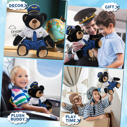 SUPER SOFT PLUSH WITH RED PLAID HOODIE - BLACK BEAR WITH PILOT DRESS UP