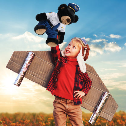 SUPER SOFT PLUSH WITH RED PLAID HOODIE - BLACK BEAR WITH PILOT DRESS UP