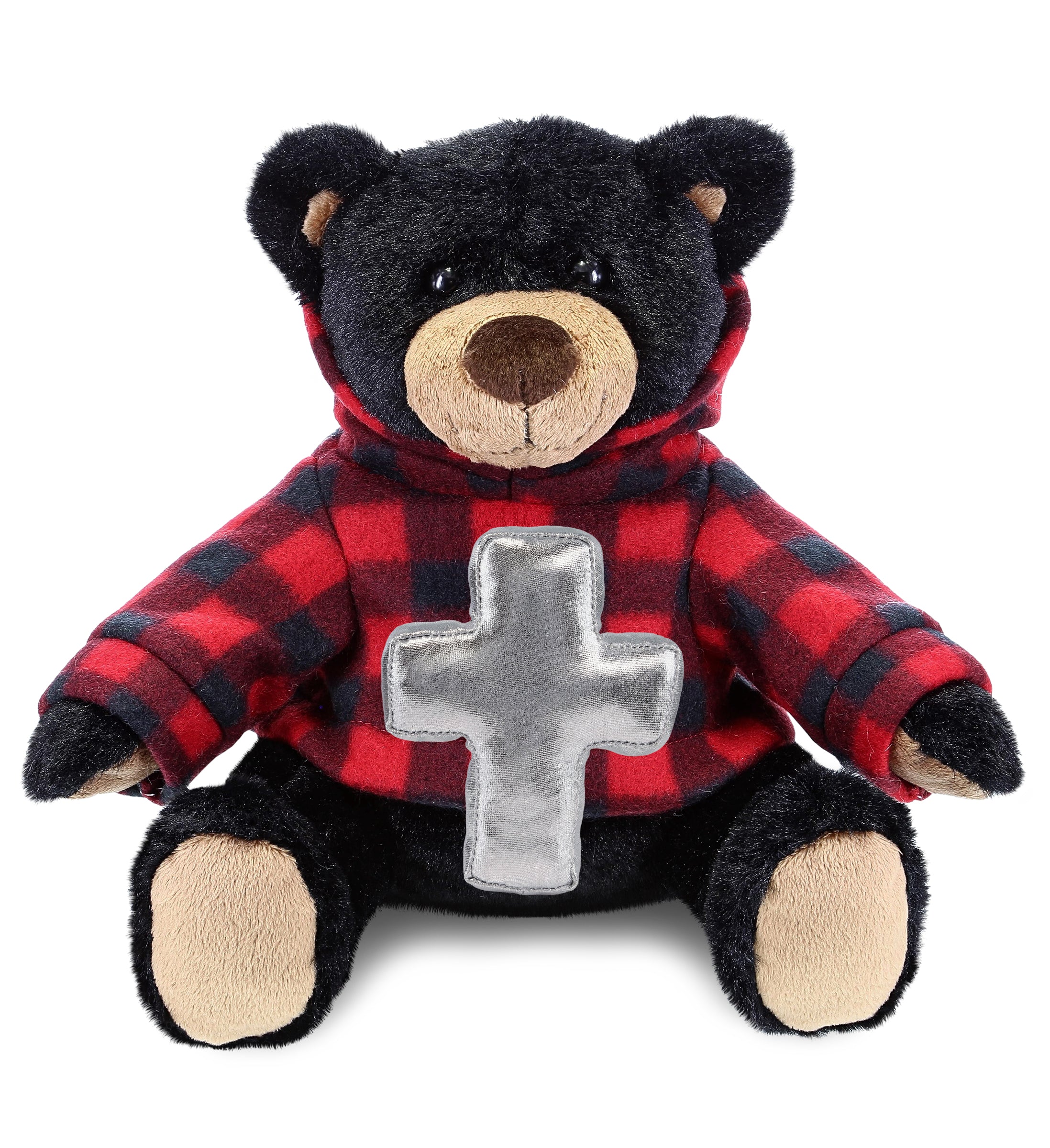 PLUSH CROSS - SUPER SOFT PLUSH WITH RED PLAID HOODIE - BLACK BEAR