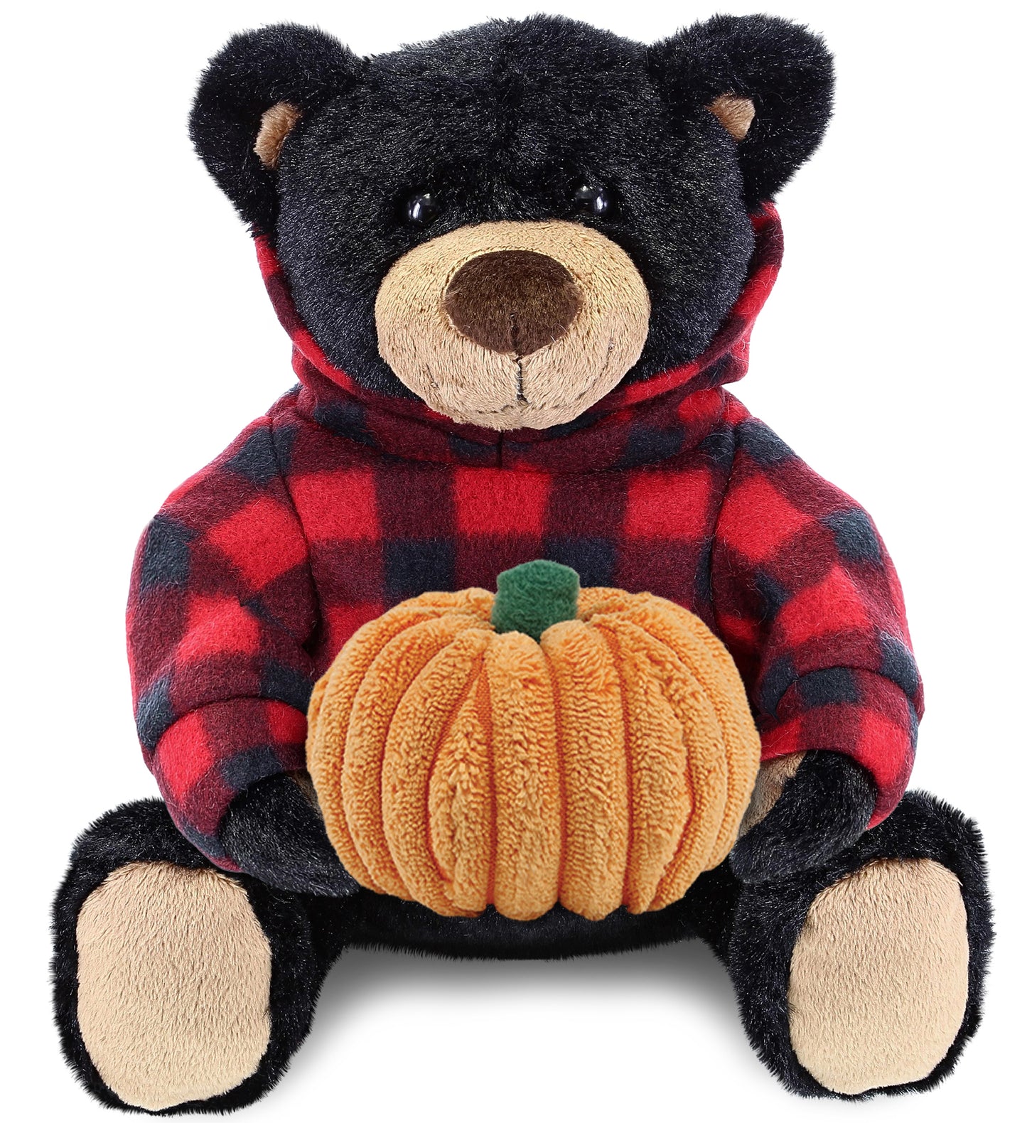 PLUSH PUMPKIN - SUPER SOFT PLUSH WITH RED PLAID HOODIE - BLACK BEAR