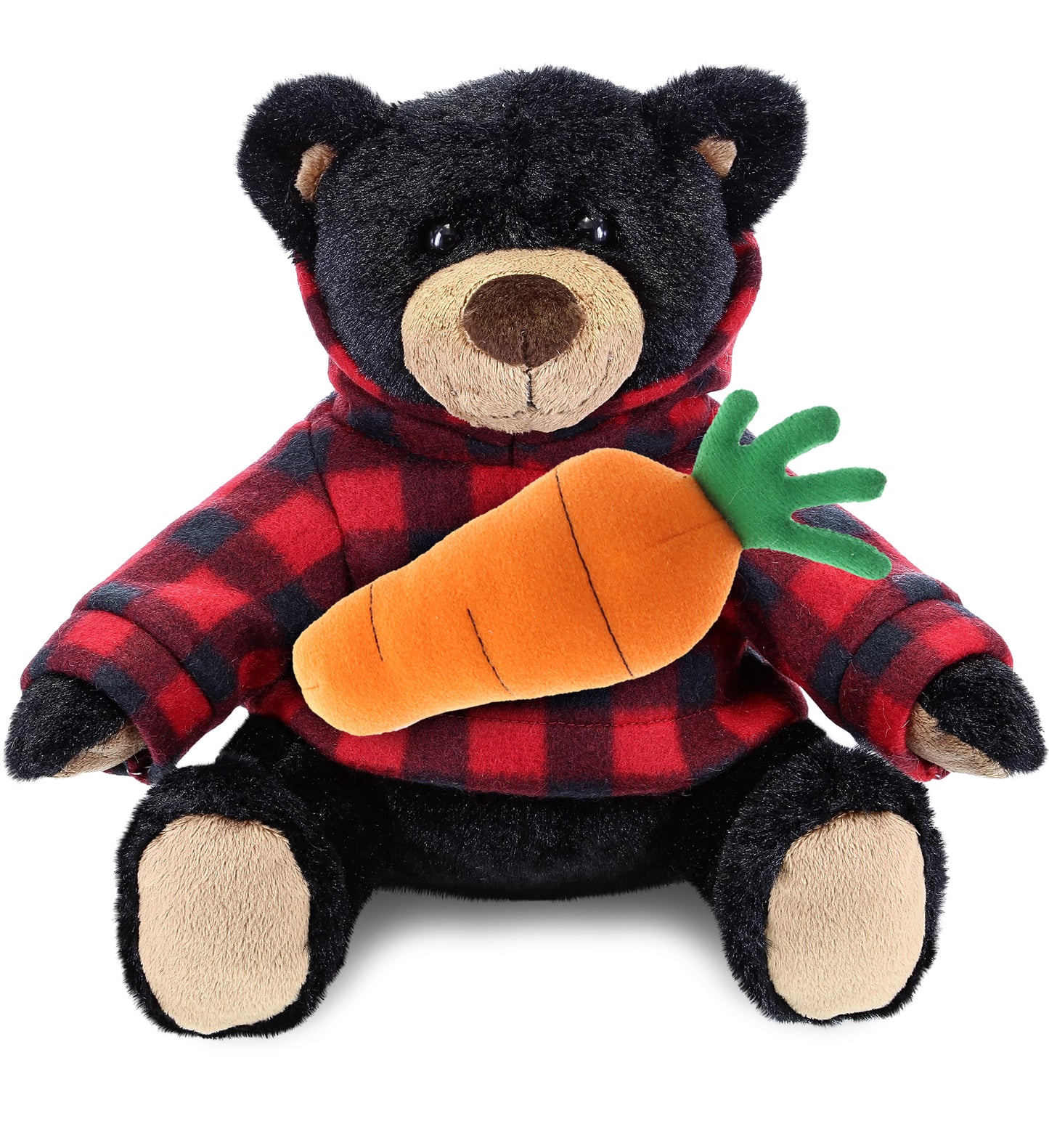 PLUSH CARROT - SUPER SOFT PLUSH WITH RED PLAID HOODIE - BLACK BEAR