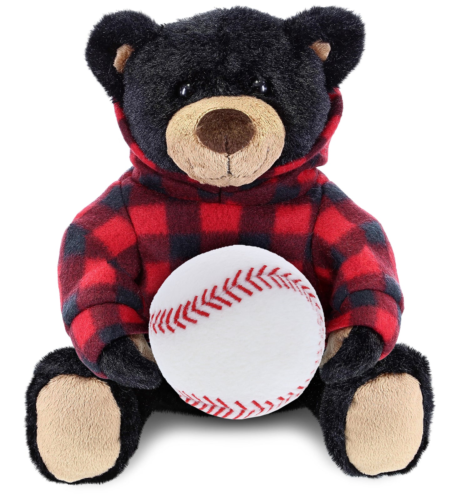 PLUSH BASEBALL - SUPER SOFT PLUSH WITH RED PLAID HOODIE - BLACK BEAR