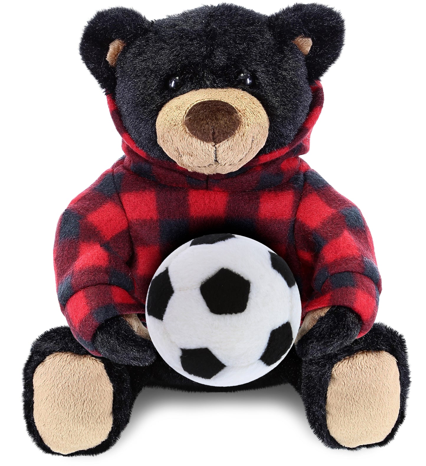 PLUSH SOCCER BALL - SUPER SOFT PLUSH WITH RED PLAID HOODIE - BLACK BEAR