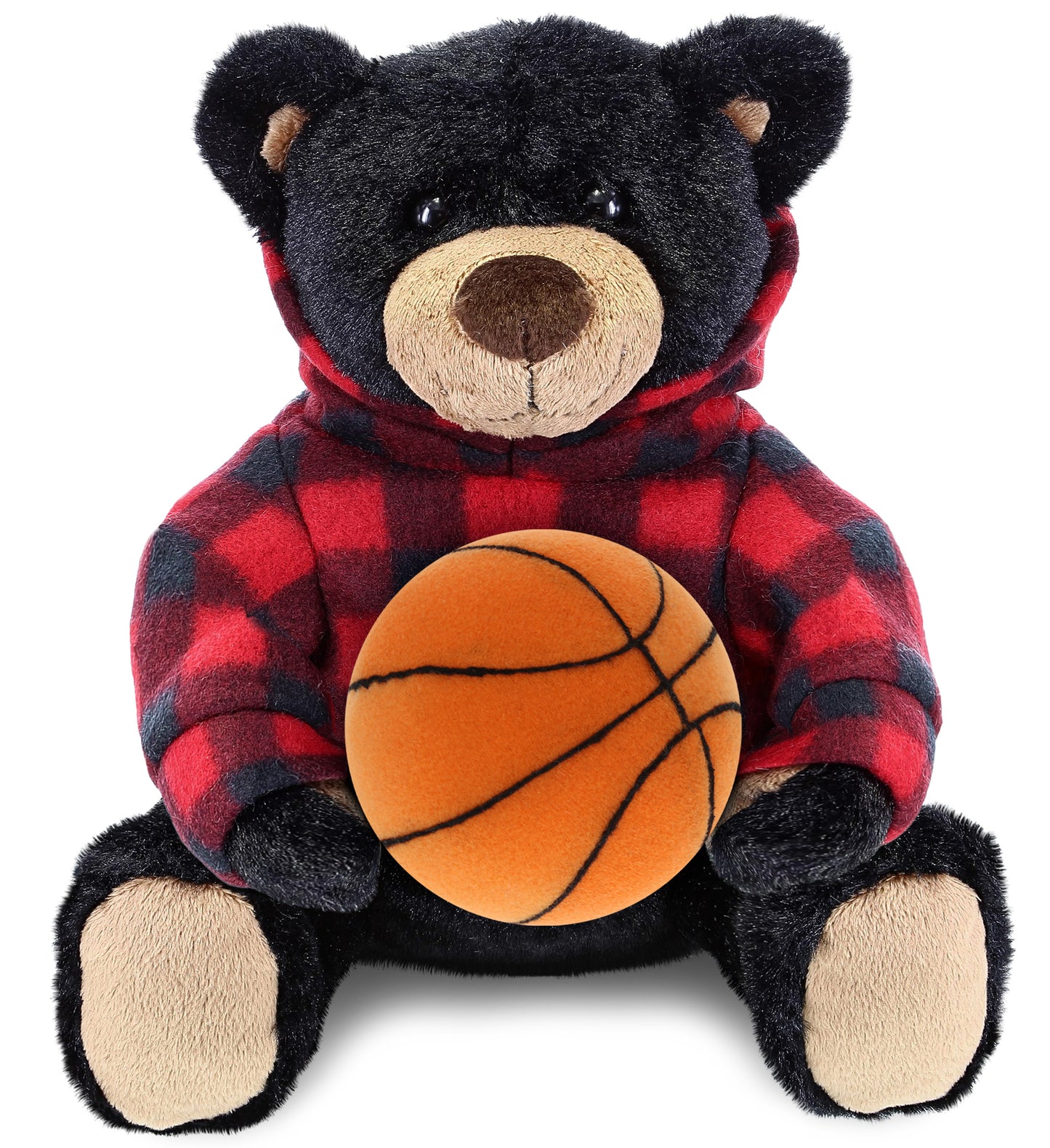 PLUSH BASKETBALL - SUPER SOFT PLUSH WITH RED PLAID HOODIE - BLACK BEAR