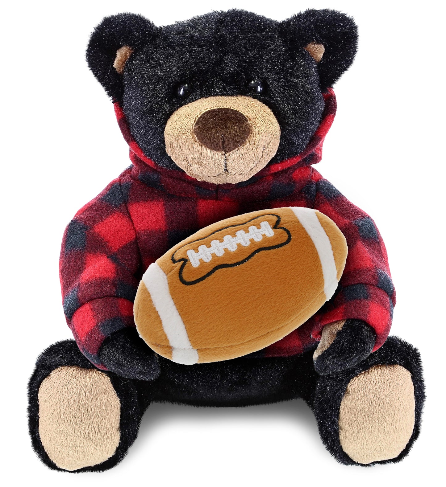PLUSH FOOTBALL - SUPER SOFT PLUSH WITH RED PLAID HOODIE - BLACK BEAR