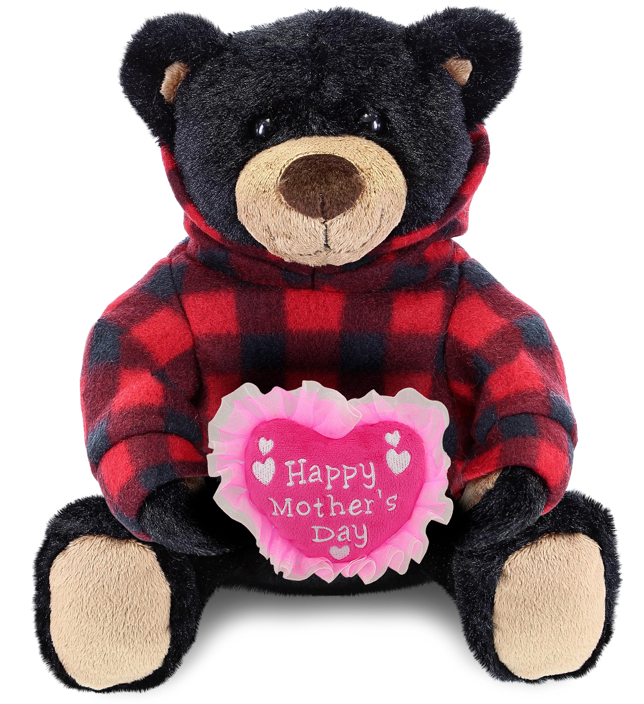 PLUSH MOTHERS DAY HEART - SUPER SOFT PLUSH WITH RED PLAID HOODIE - BLACK BEAR