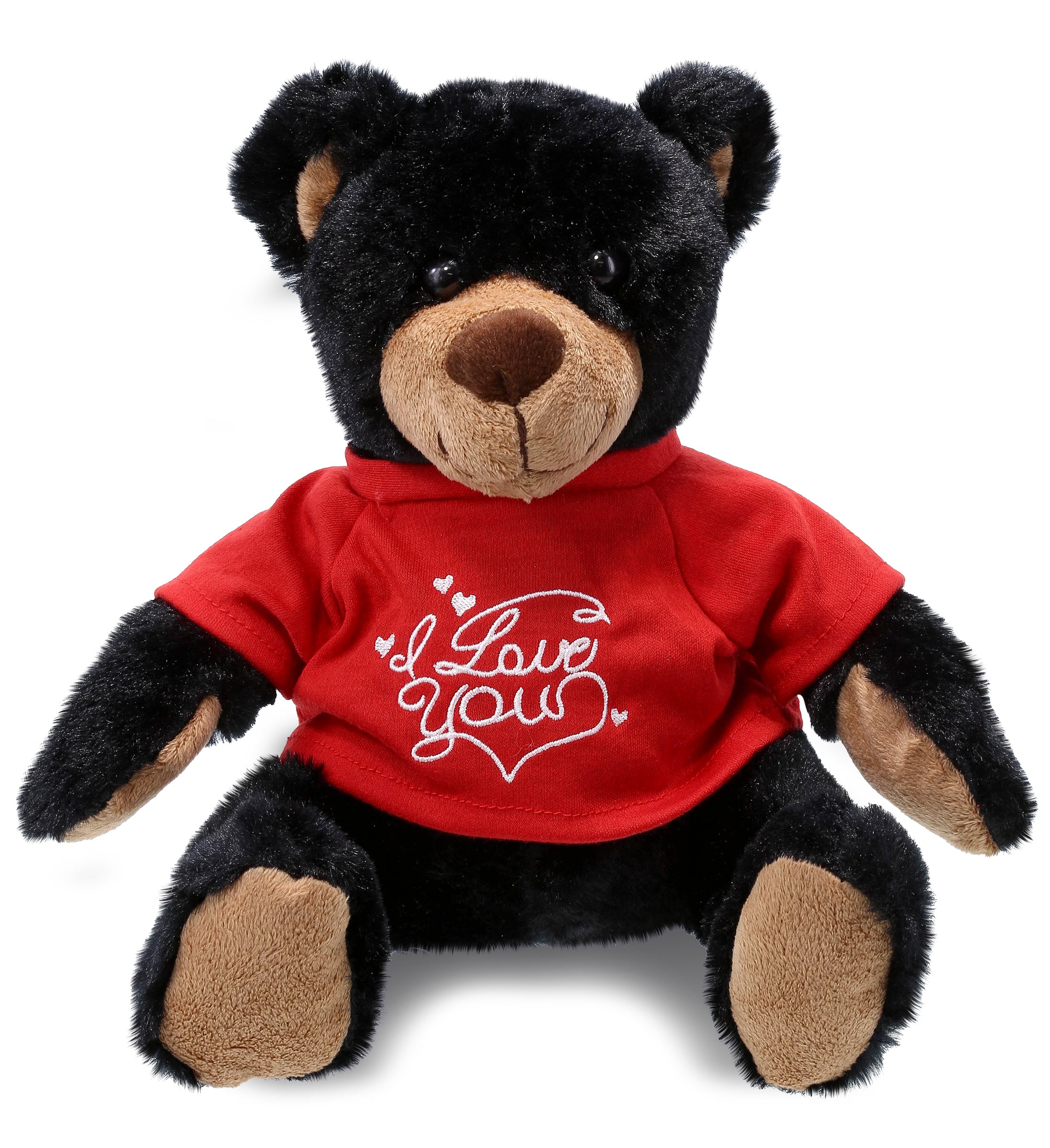PLUSH I LOVE YOU RED SHIRT- SUPER SOFT PLUSH WITH RED PLAID HOODIE - BLACK BEAR