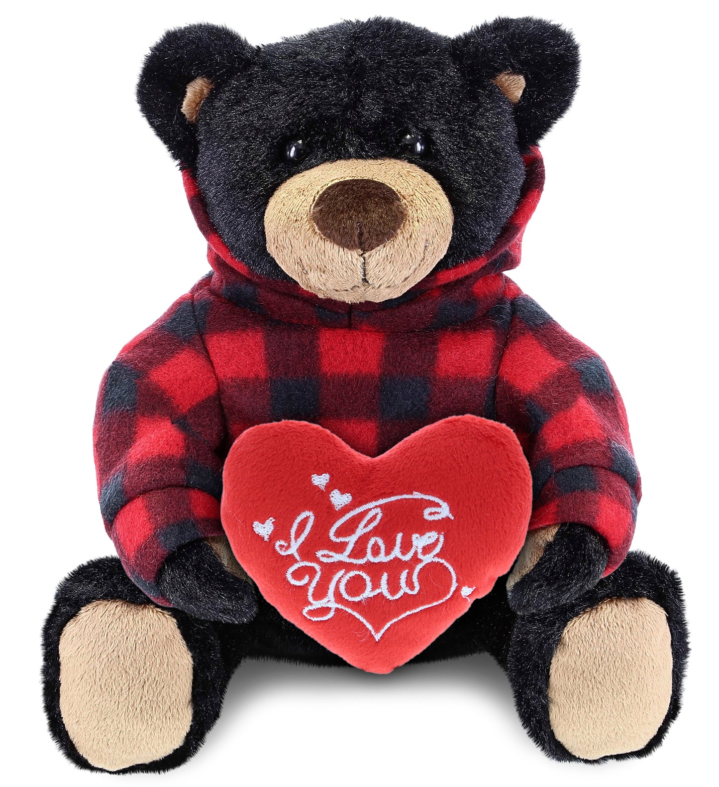 PLUSH I LOVE YOU RED HEART - SUPER SOFT PLUSH WITH RED PLAID HOODIE - BLACK BEAR