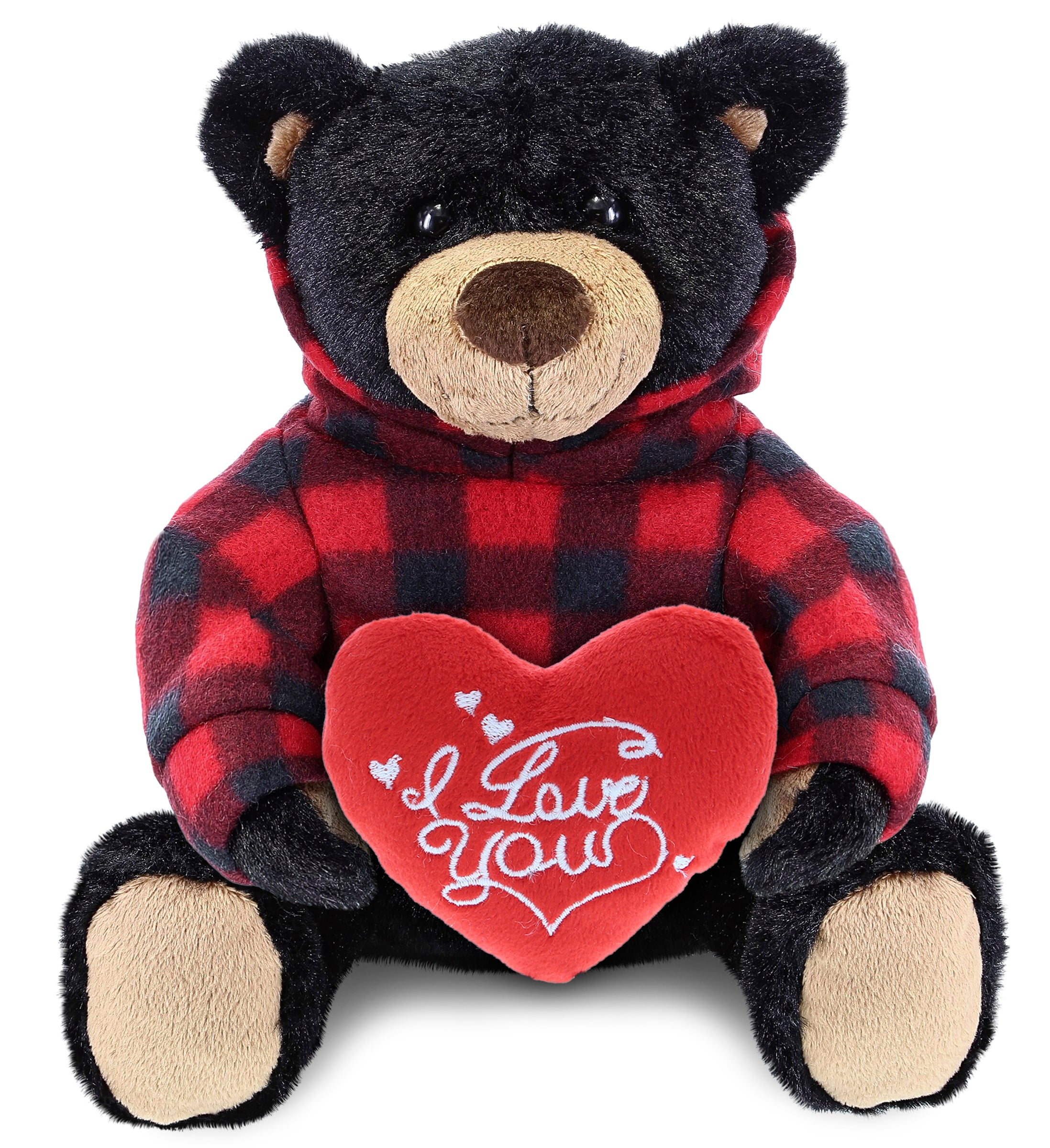 PLUSH I LOVE YOU RED HEART - SUPER SOFT PLUSH WITH RED PLAID HOODIE - BLACK BEAR