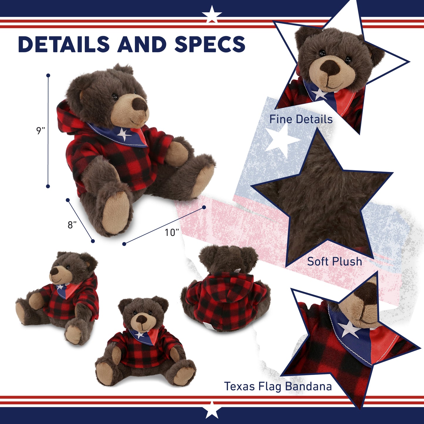 SUPER SOFT PLUSH WITH RED PLAID HOODIE - BROWN BEAR WITH TEXAS FLAG BANDANA