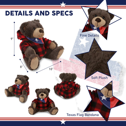 SUPER SOFT PLUSH WITH RED PLAID HOODIE - BROWN BEAR WITH TEXAS FLAG BANDANA