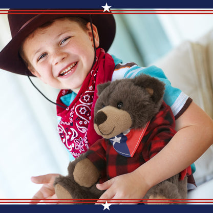 SUPER SOFT PLUSH WITH RED PLAID HOODIE - BROWN BEAR WITH TEXAS FLAG BANDANA