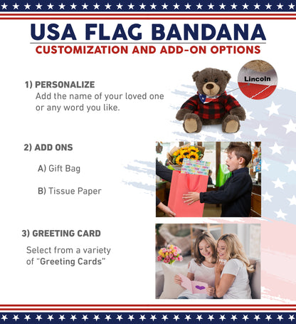 SUPER SOFT PLUSH WITH RED PLAID HOODIE - BROWN BEAR WITH USA FLAG BANDANA