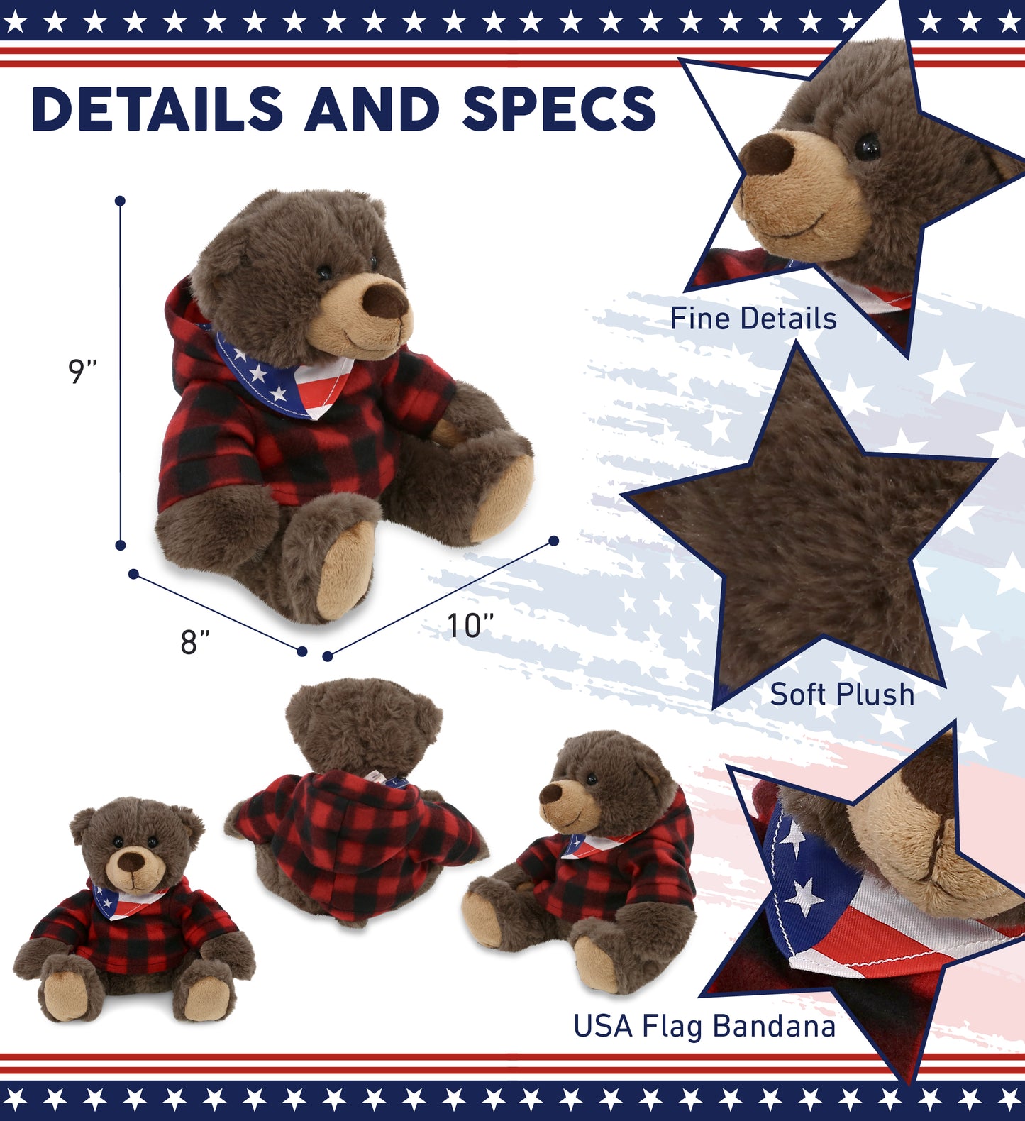SUPER SOFT PLUSH WITH RED PLAID HOODIE - BROWN BEAR WITH USA FLAG BANDANA