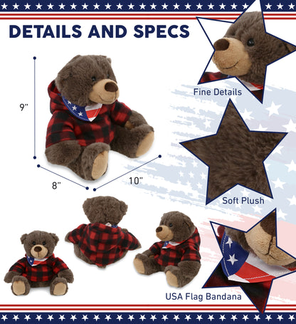 SUPER SOFT PLUSH WITH RED PLAID HOODIE - BROWN BEAR WITH USA FLAG BANDANA