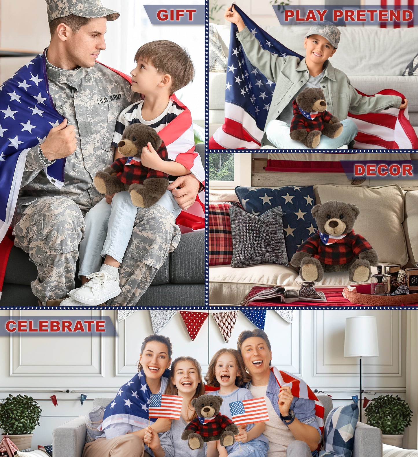 SUPER SOFT PLUSH WITH RED PLAID HOODIE - BROWN BEAR WITH USA FLAG BANDANA