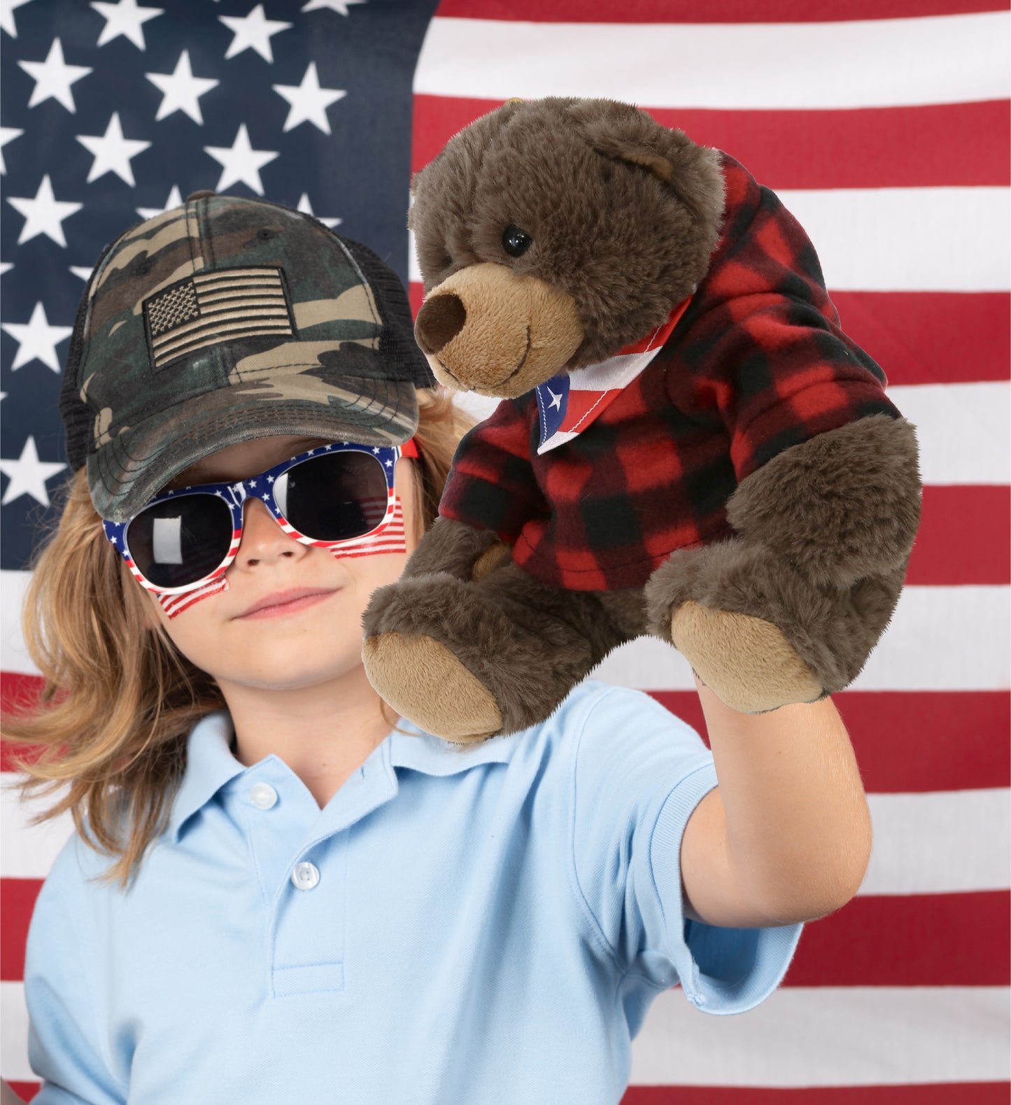 SUPER SOFT PLUSH WITH RED PLAID HOODIE - BROWN BEAR WITH USA FLAG BANDANA