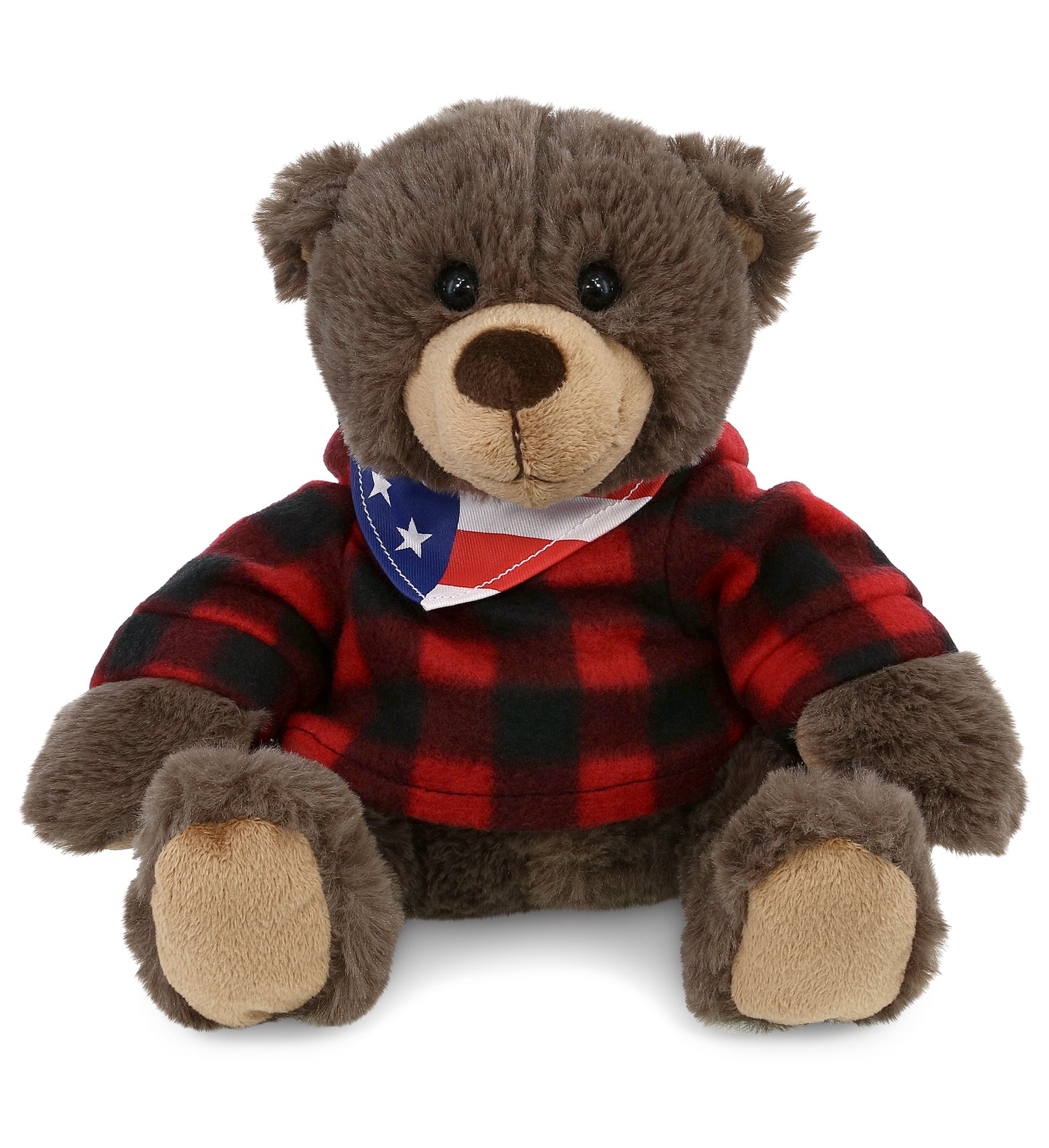SUPER SOFT PLUSH WITH RED PLAID HOODIE - BROWN BEAR WITH USA FLAG BANDANA