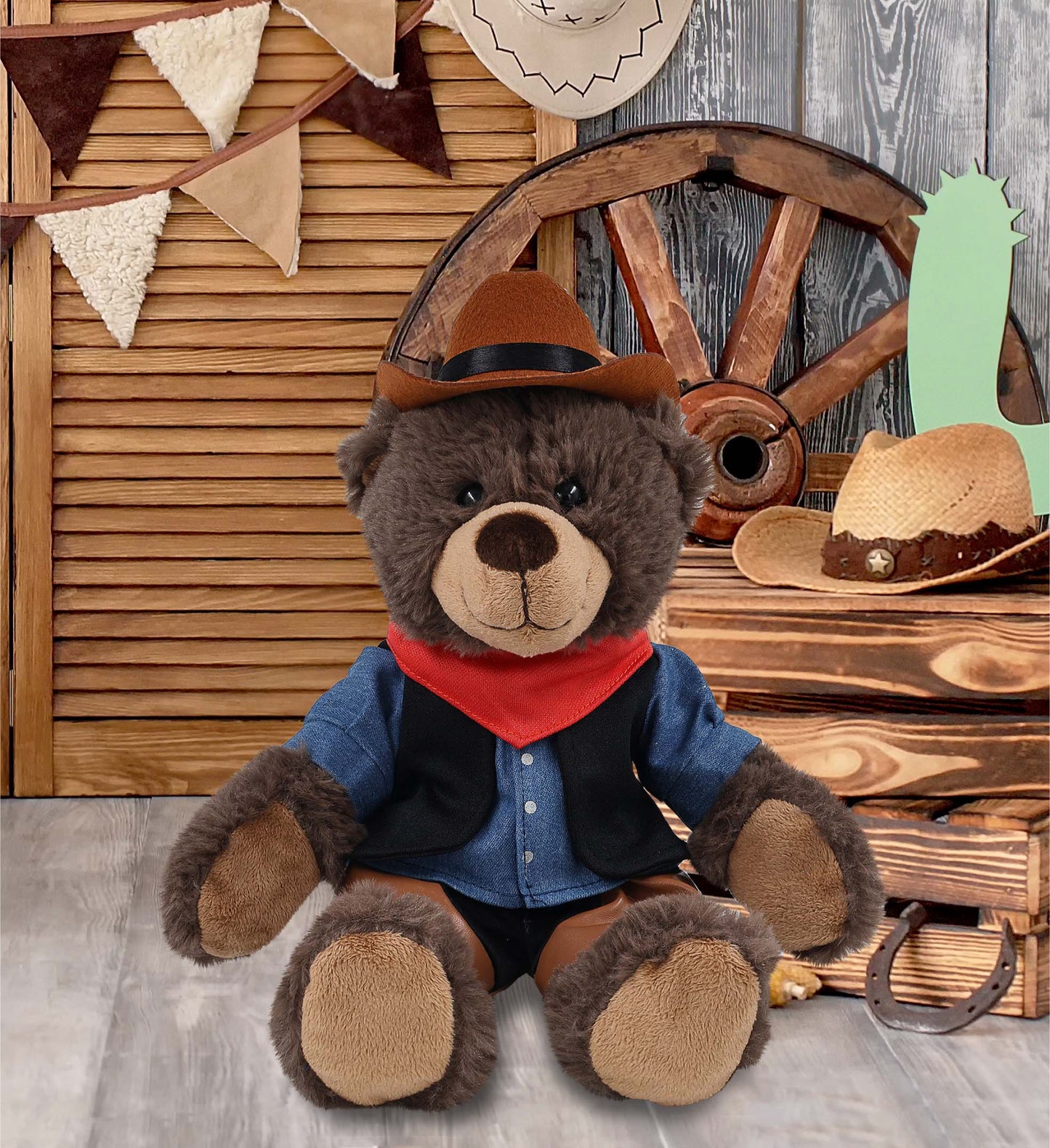 SUPER SOFT PLUSH WITH RED PLAID HOODIE - BROWN BEAR COWBOY DRESS UP