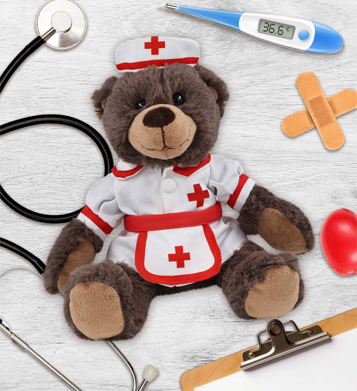 SUPER SOFT PLUSH WITH RED PLAID HOODIE - BROWN BEAR NURSE DRESS UP