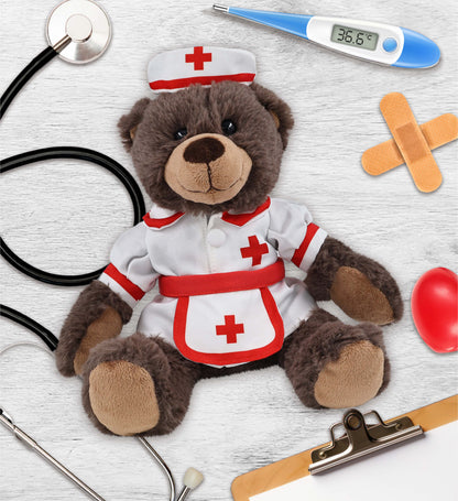 SUPER SOFT PLUSH WITH RED PLAID HOODIE - BROWN BEAR NURSE DRESS UP