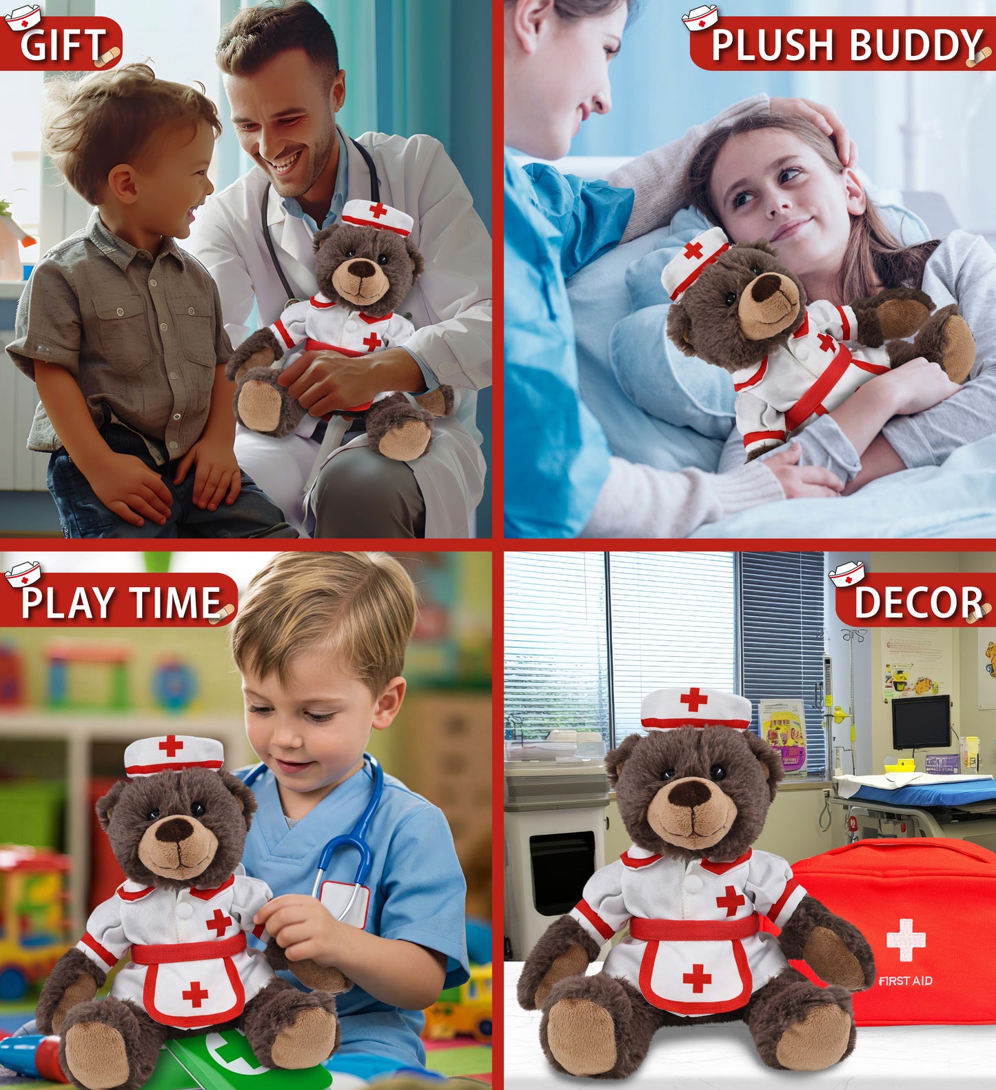 SUPER SOFT PLUSH WITH RED PLAID HOODIE - BROWN BEAR NURSE DRESS UP