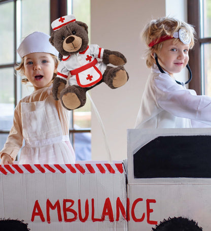 SUPER SOFT PLUSH WITH RED PLAID HOODIE - BROWN BEAR NURSE DRESS UP