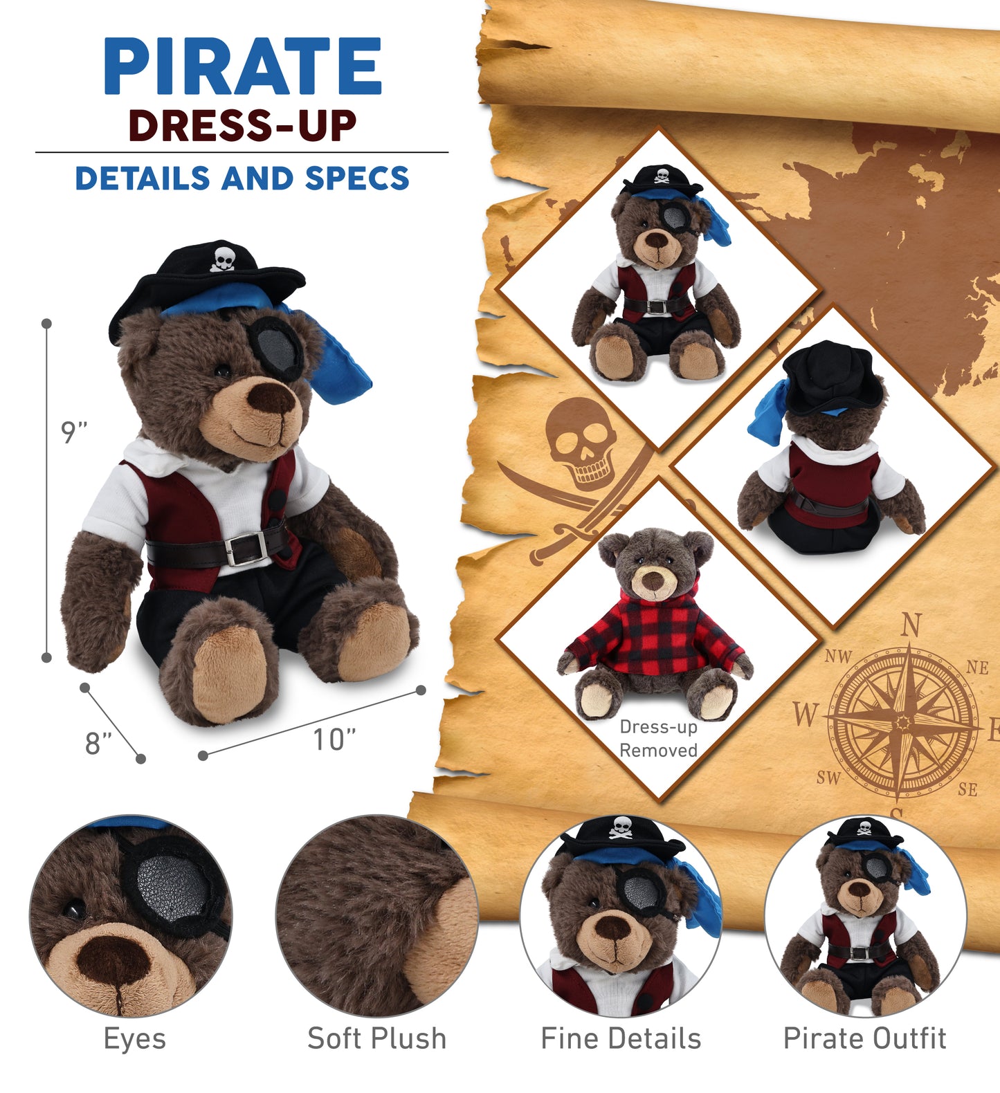 SUPER SOFT PLUSH WITH RED PLAID HOODIE - BROWN BEAR WITH PIRATE DRESS UP
