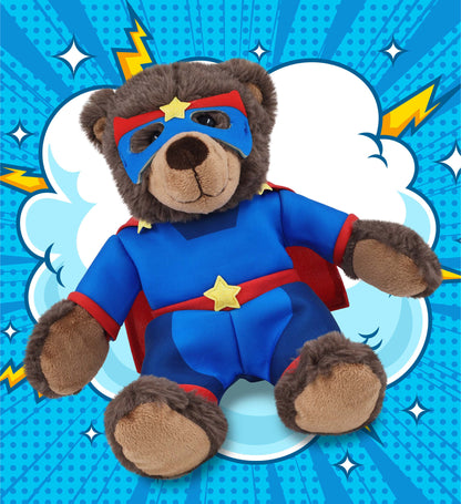 SUPER SOFT PLUSH WITH RED PLAID HOODIE - BROWN BEAR WITH SUPER HERO DRESS UP