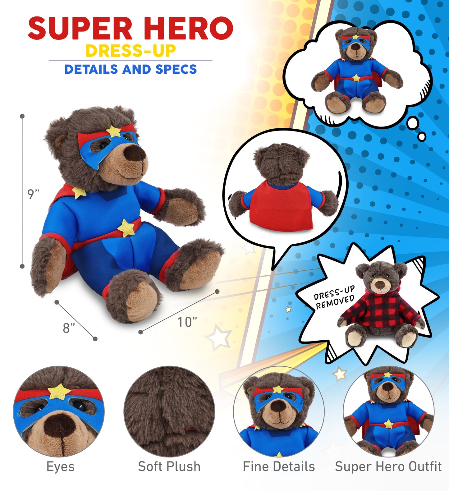 SUPER SOFT PLUSH WITH RED PLAID HOODIE - BROWN BEAR WITH SUPER HERO DRESS UP