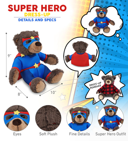 SUPER SOFT PLUSH WITH RED PLAID HOODIE - BROWN BEAR WITH SUPER HERO DRESS UP