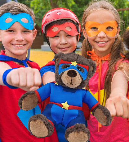 SUPER SOFT PLUSH WITH RED PLAID HOODIE - BROWN BEAR WITH SUPER HERO DRESS UP